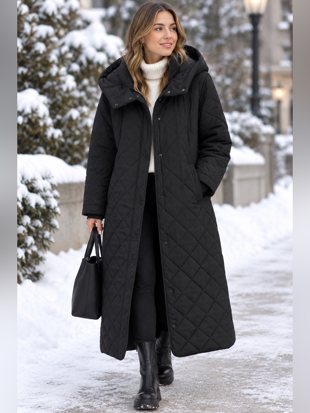 ZARA Black Long Quilted Hooded Coat Winter Puffer Jacket Medium